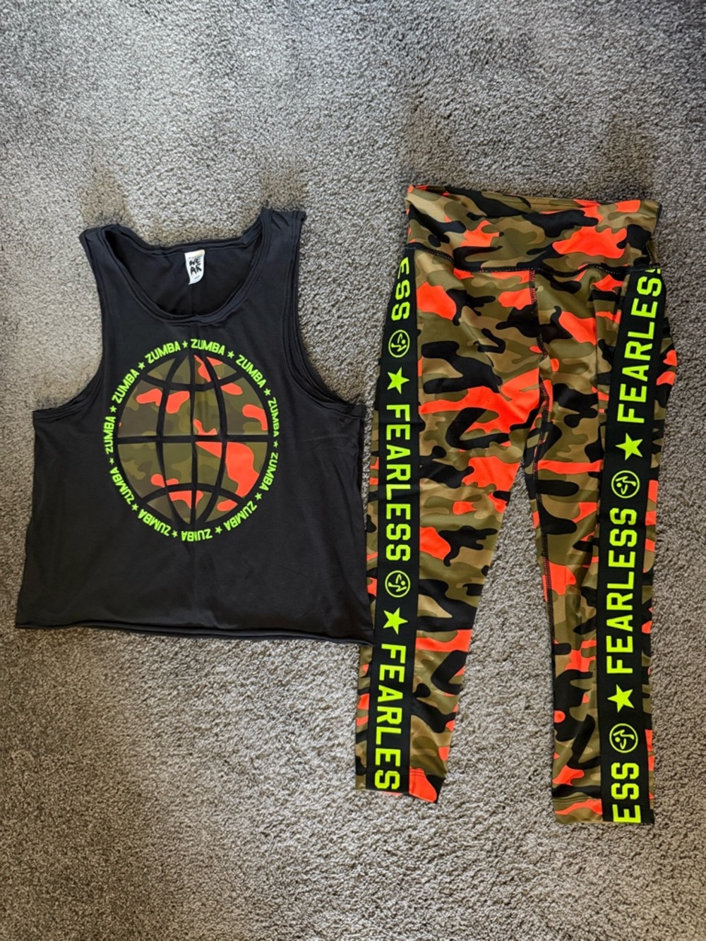 Zumba Fitness Black Tank & Neon Green/Orange Camo Leggings Set